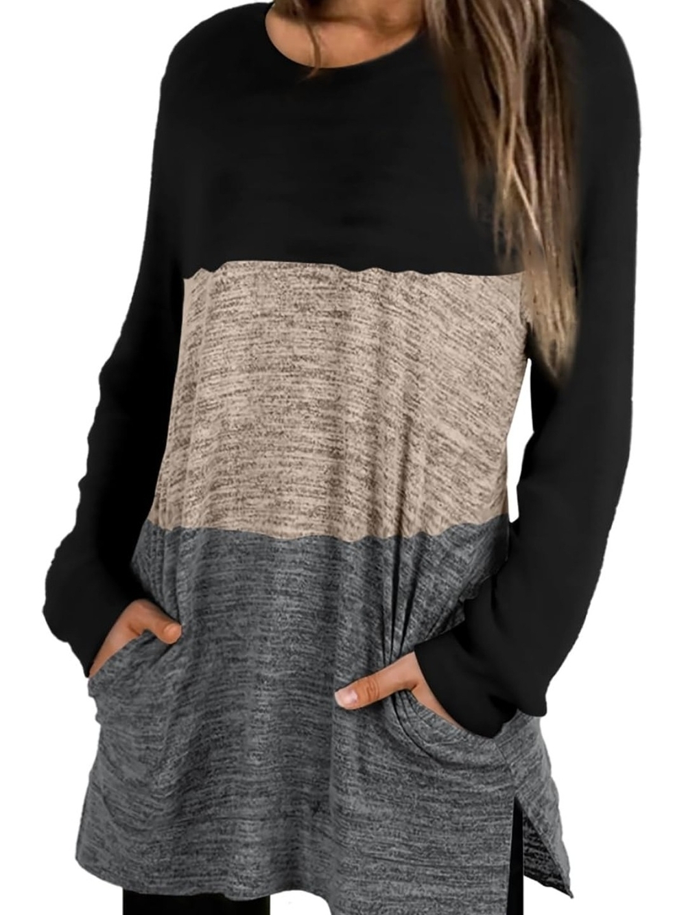 Women's Colorblock Long Sleeve Tunic - Black, Beige & Gray
